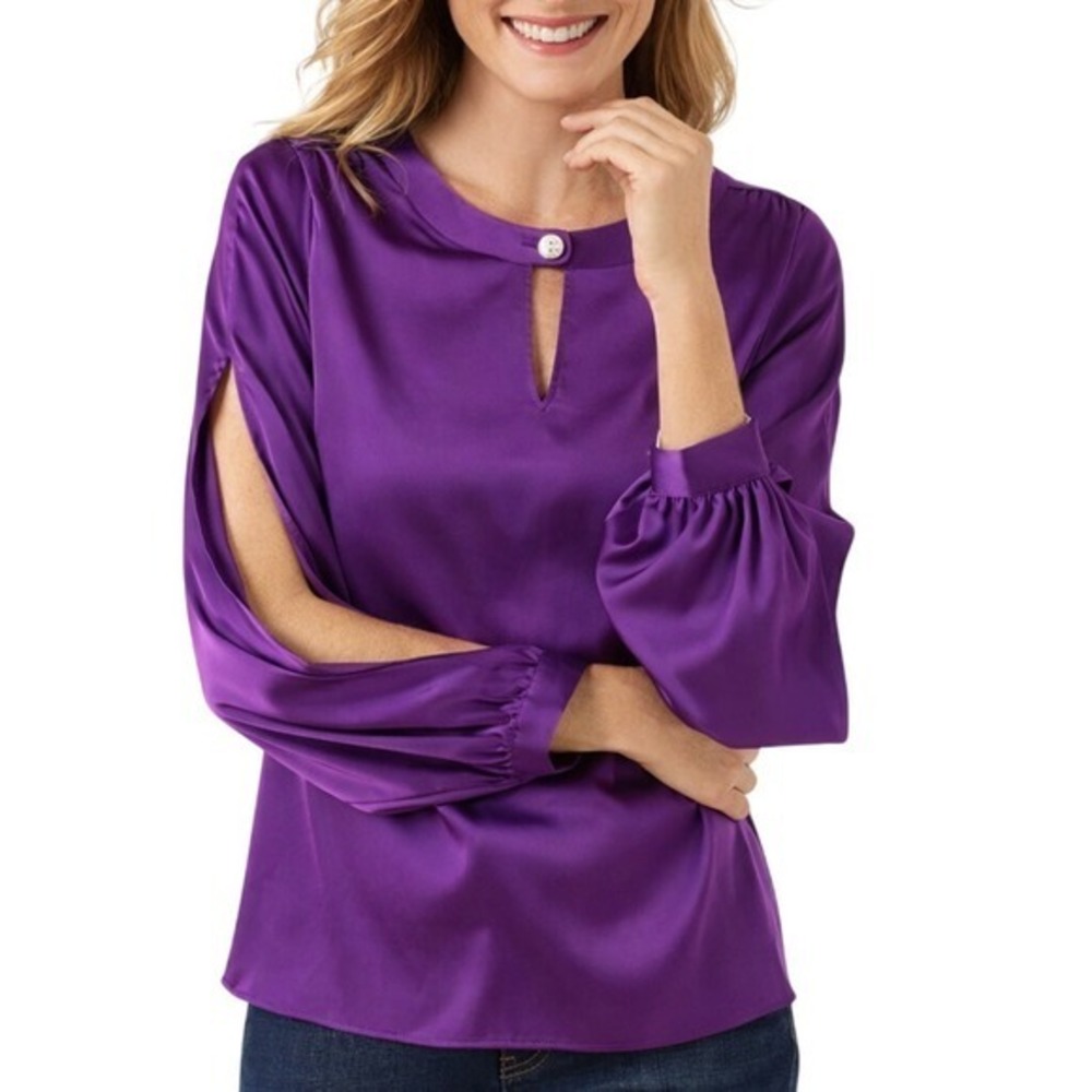 Talbots Size XL Slit‎ Sleeve Soft Satin Charmeuse Top RICH AMETHYST Purple